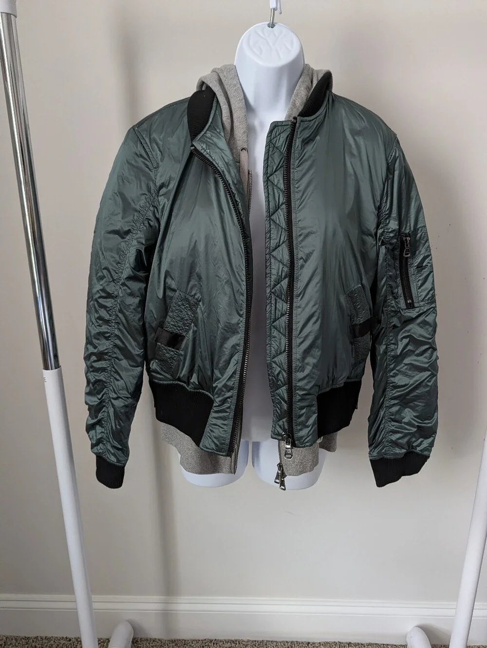 Men's Quilted Bomber Jacket in Deep Green with Grey Hoodie Layer
